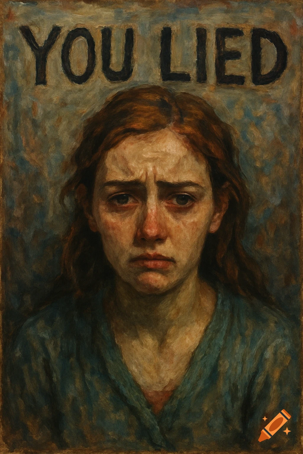 Painting of a distressed woman with 'YOU LIED' text above her, in a dark, expressive style.