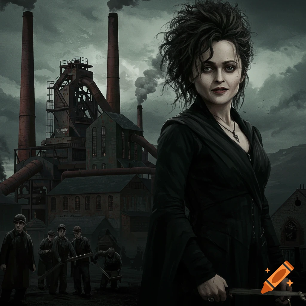 A woman in black stands before a dark industrial factory with workers in the foreground.