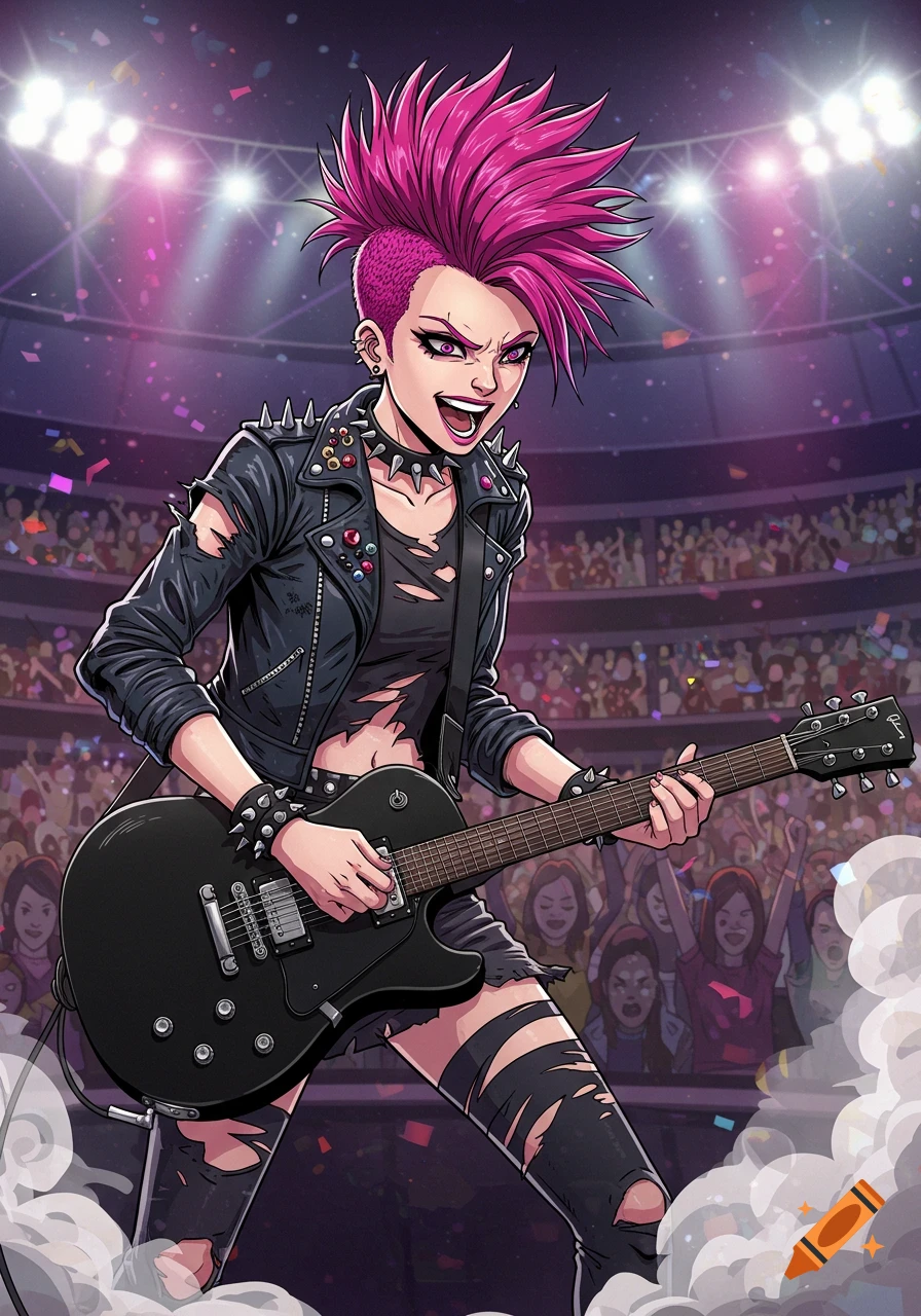 Anime style illustration of a punk rock woman with pink hair playing a guitar on stage at a concert.