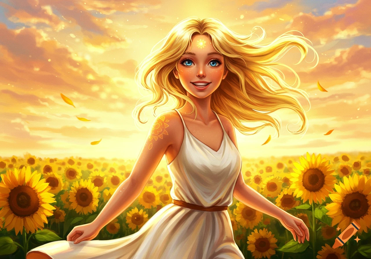 A woman with blonde hair and blue eyes smiles in a field of sunflowers under a bright, sunny sky.