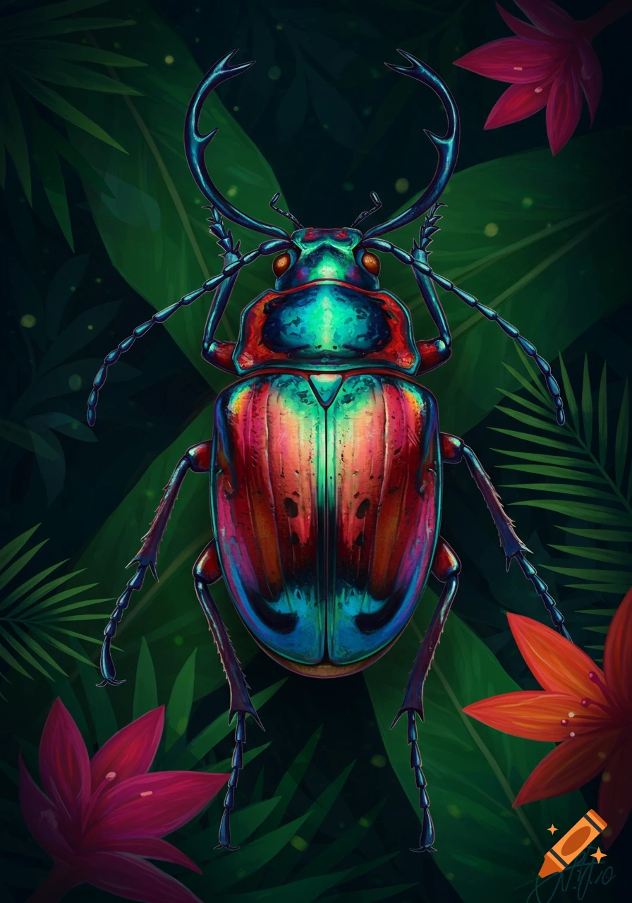 A vibrant, colorful illustration of a beetle with iridescent wings in a tropical jungle setting among plants and flowers.