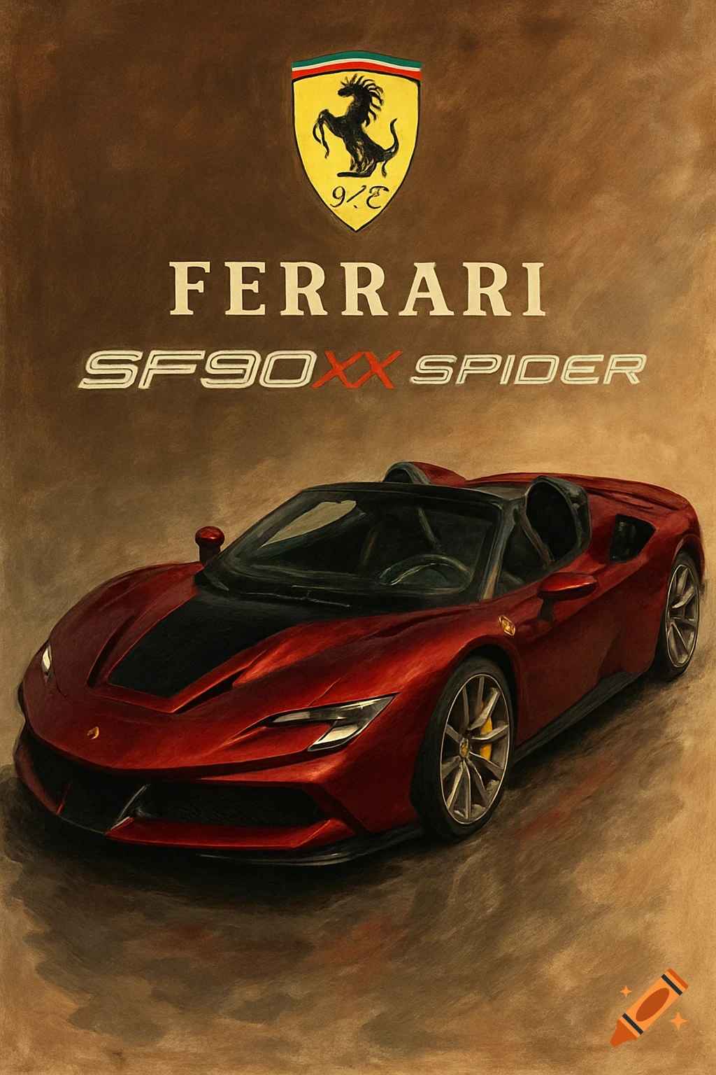 Dark red Ferrari SF90 XX Spider car poster with logo.