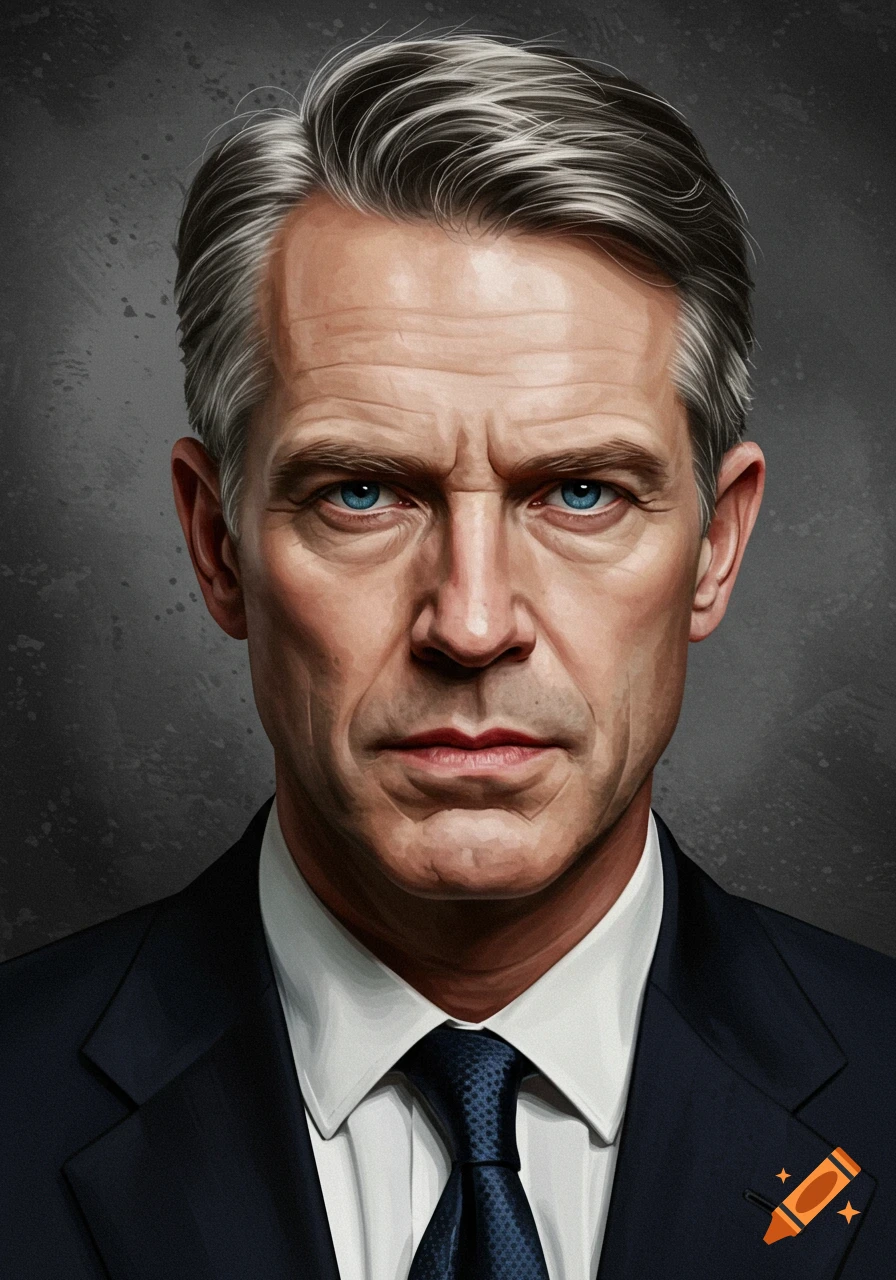 Close-up portrait painting of a man with gray hair, blue eyes, and a suit.