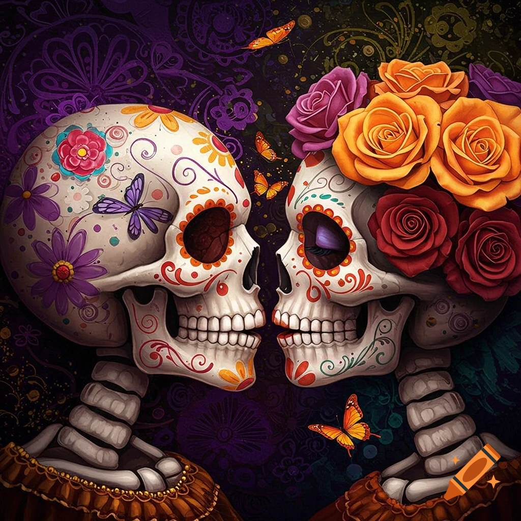 Two ornate sugar skulls decorated with flowers and butterflies appear to be kissing, in a Dia de los Muertos style.