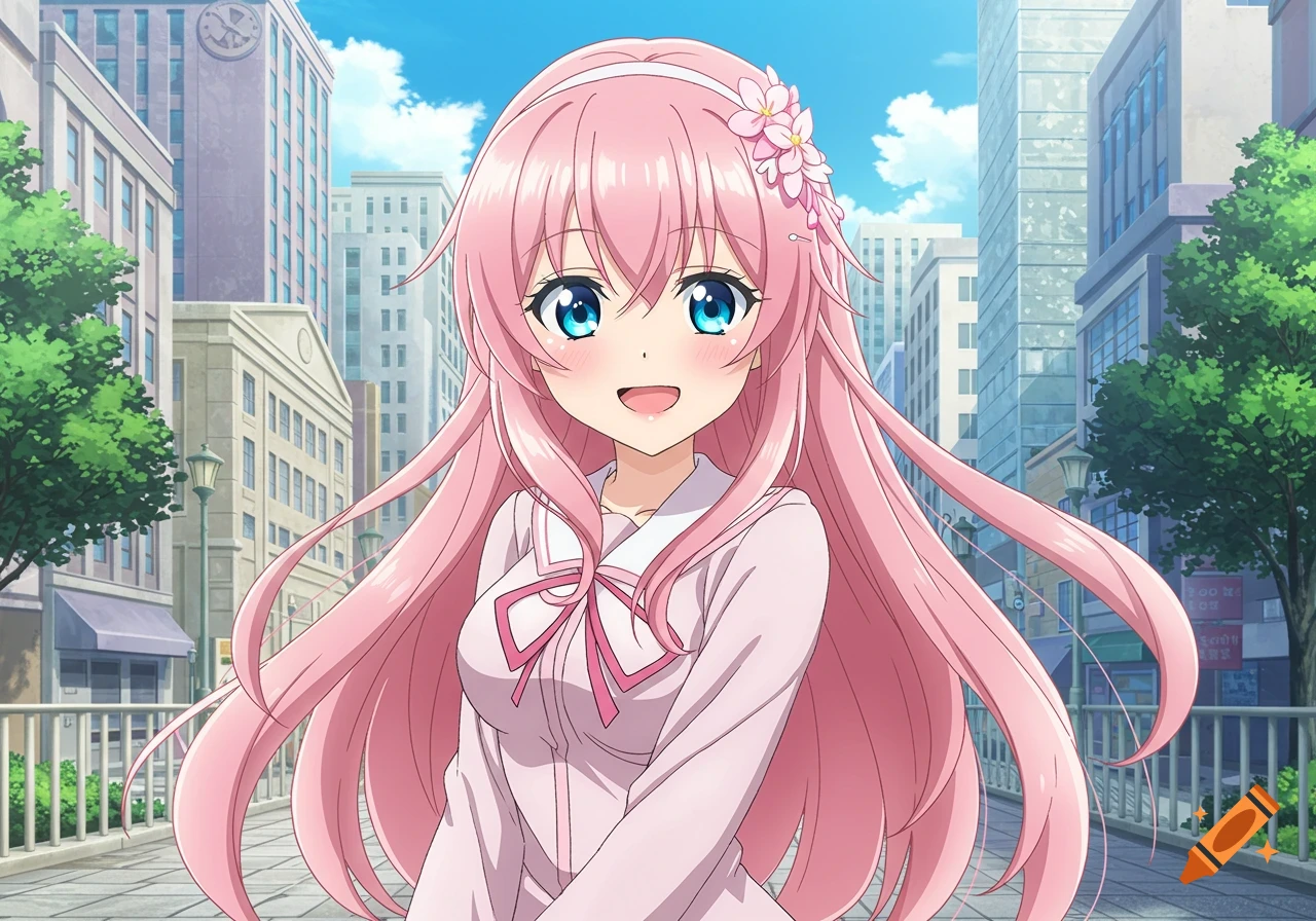 Anime girl with pink hair and blue eyes smiles on a city street.