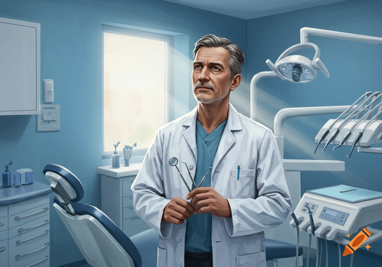 A male dentist in a white coat stands in a dental office, holding dental tools.