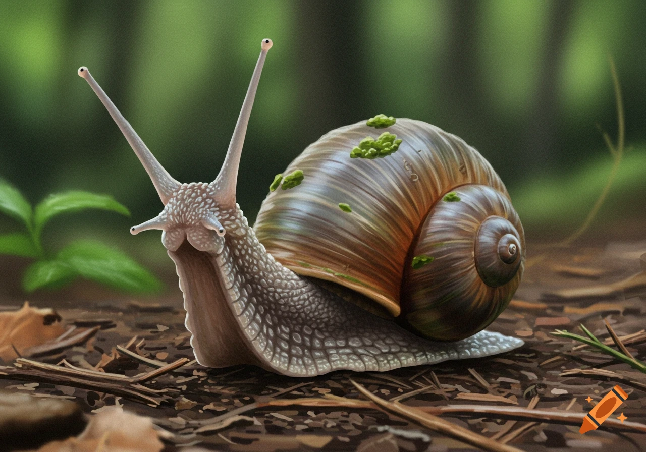 Close-up illustration of a snail with long eyestalks and a mossy shell on a forest floor.