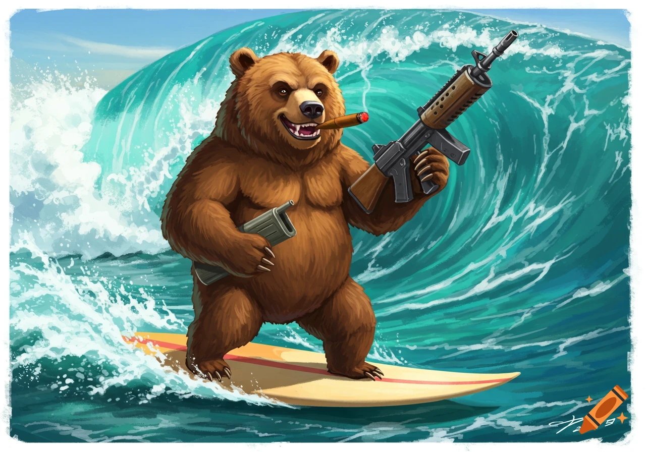 Cartoon illustration of a bear surfing a wave while holding a machine gun and smoking a cigar.