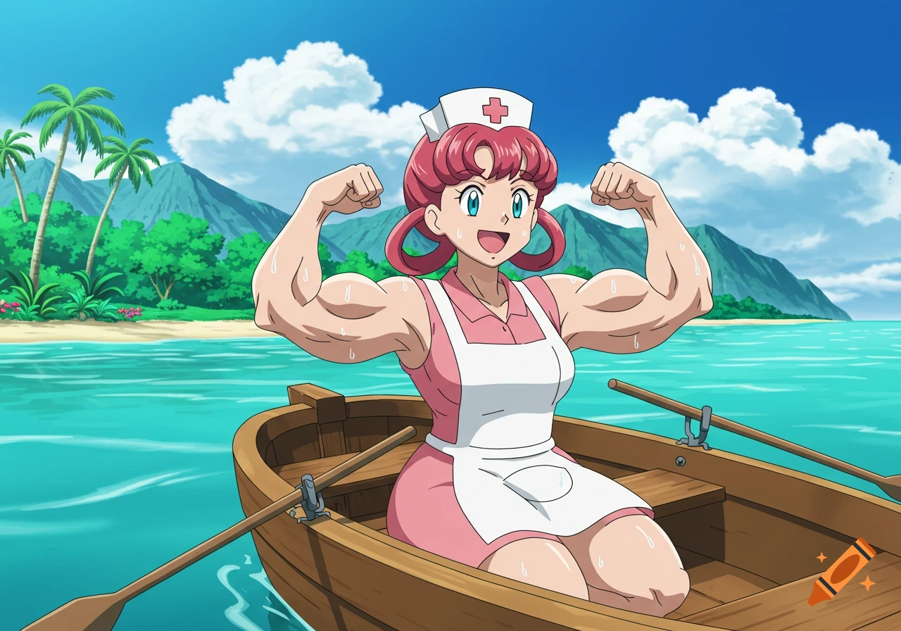 Anime Nurse Joy flexing muscles while rowing a boat in a tropical bay.