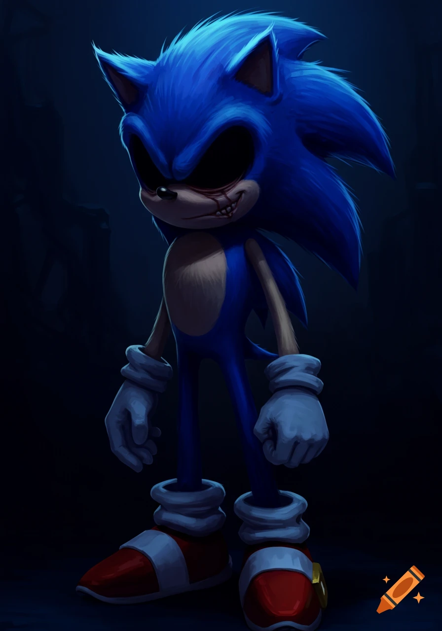 A creepy, blue Sonic the Hedgehog with red eyes stands in a dark area.