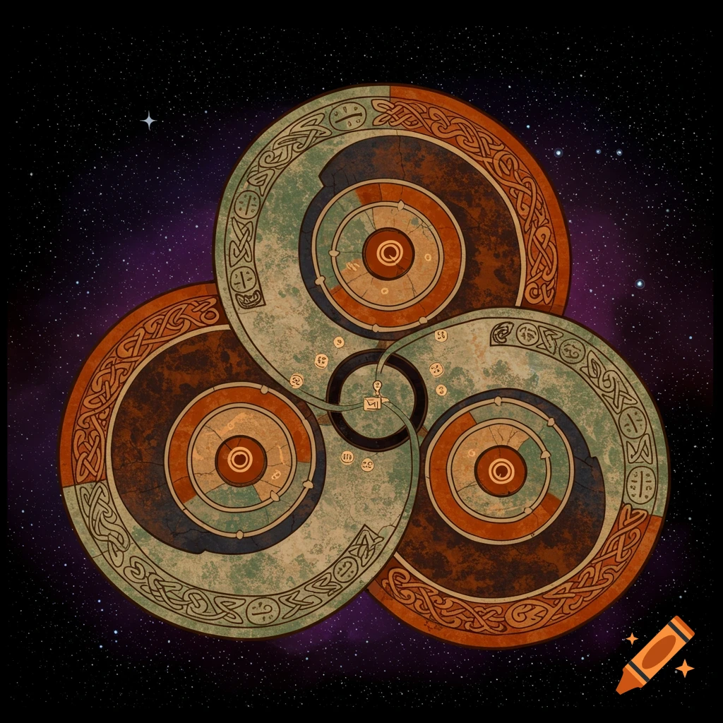 Celtic triskele symbol in brown, orange, teal against a starry space background.