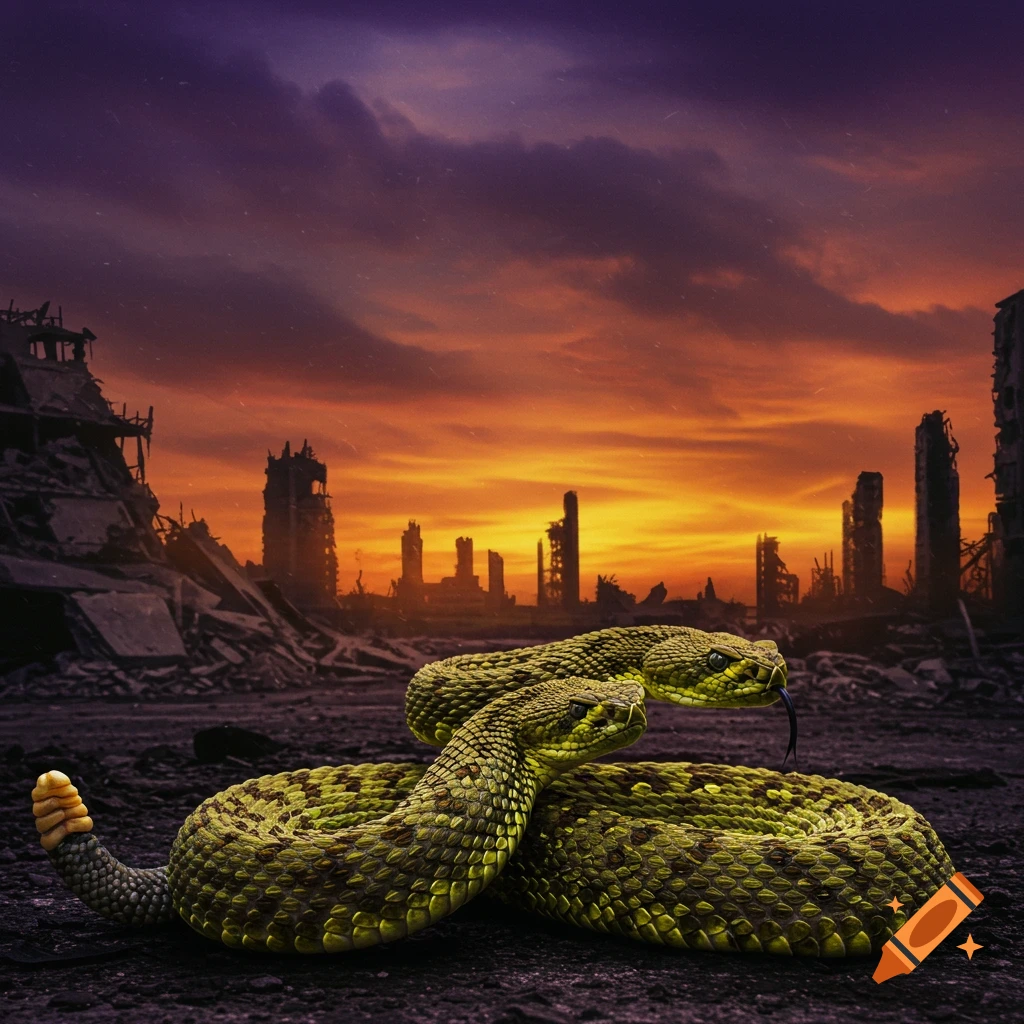 Two snakes coil in the ruins of a city under a dramatic sunset sky.