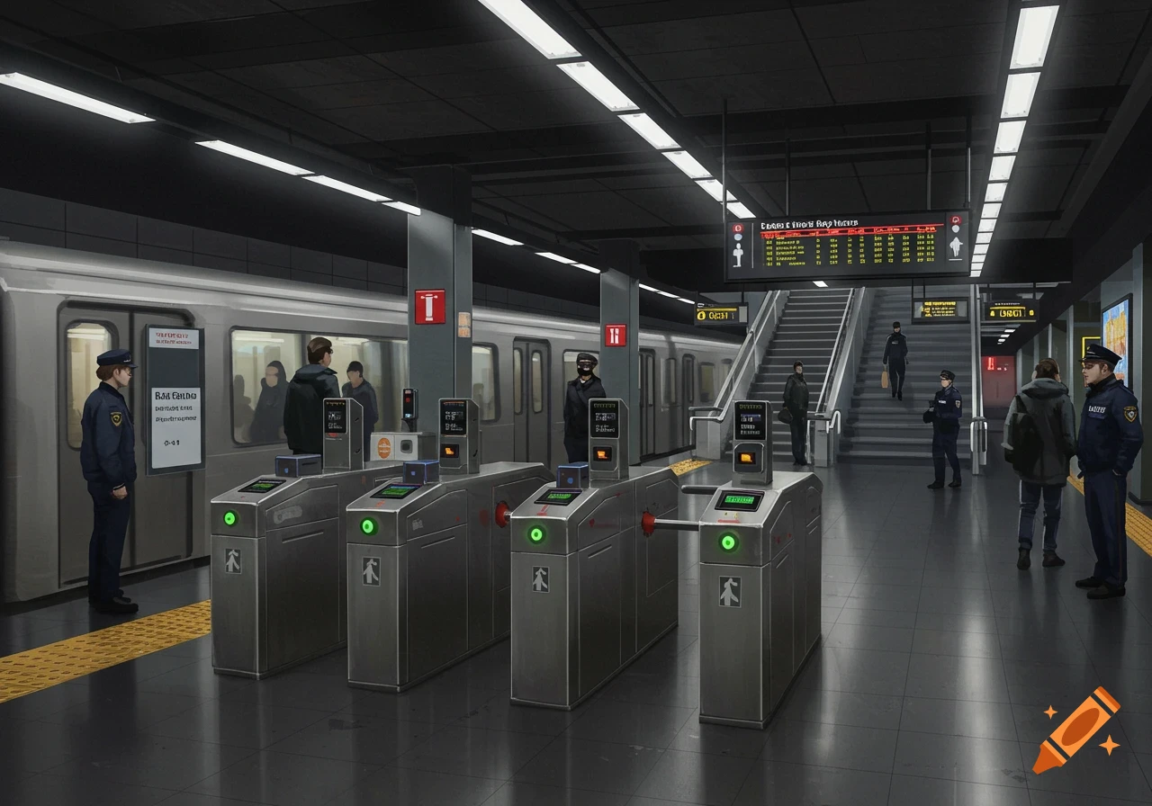 Illustration of a busy subway station with ticket gates, security guards, and a train on the platform.