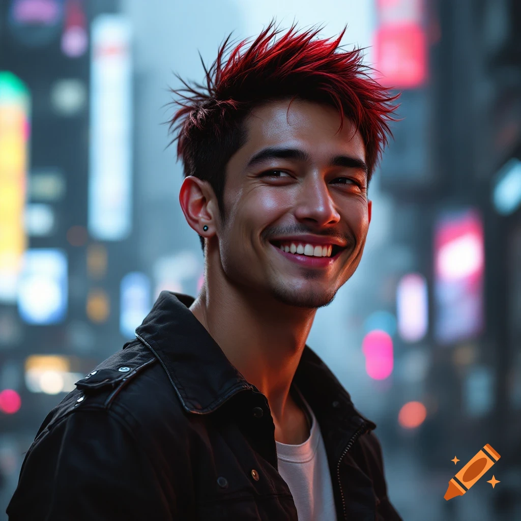 A smiling man with spiked red hair in a cyberpunk city street.
