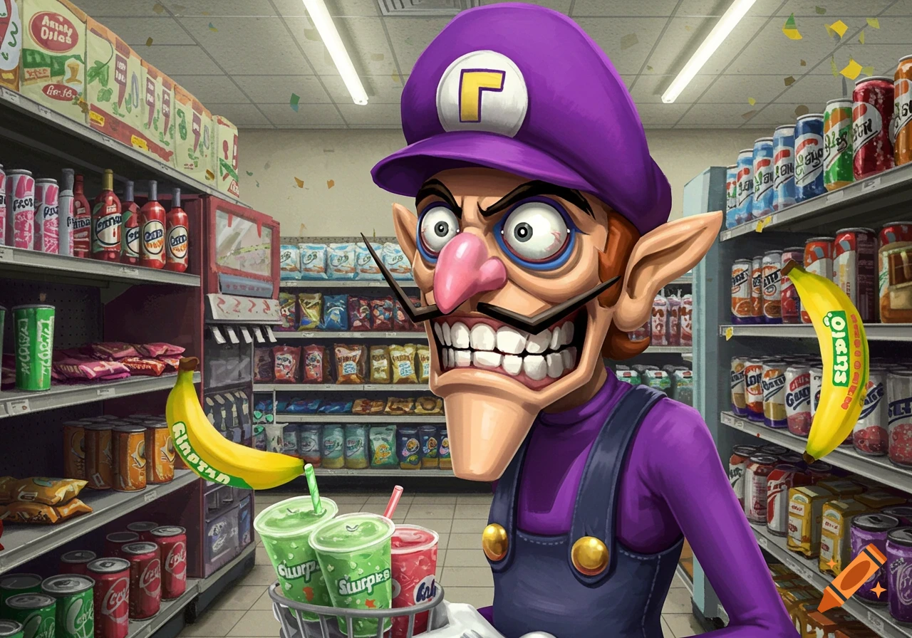 Waluigi in a supermarket checkout lane with distorted features, holding a basket of drinks and floating bananas.