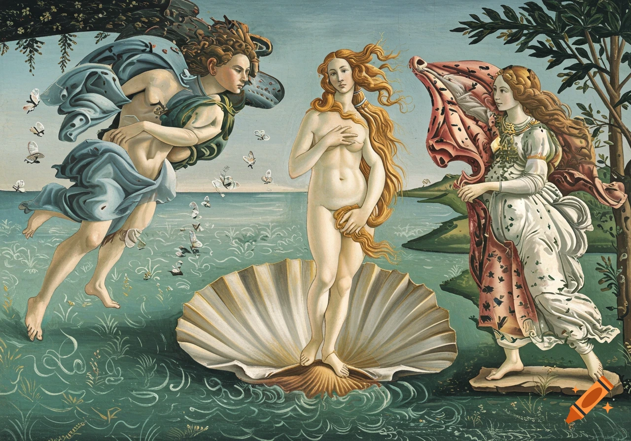 Painting of Botticelli's Birth of Venus with figures on a shell, wind figures, and one with a cloak.