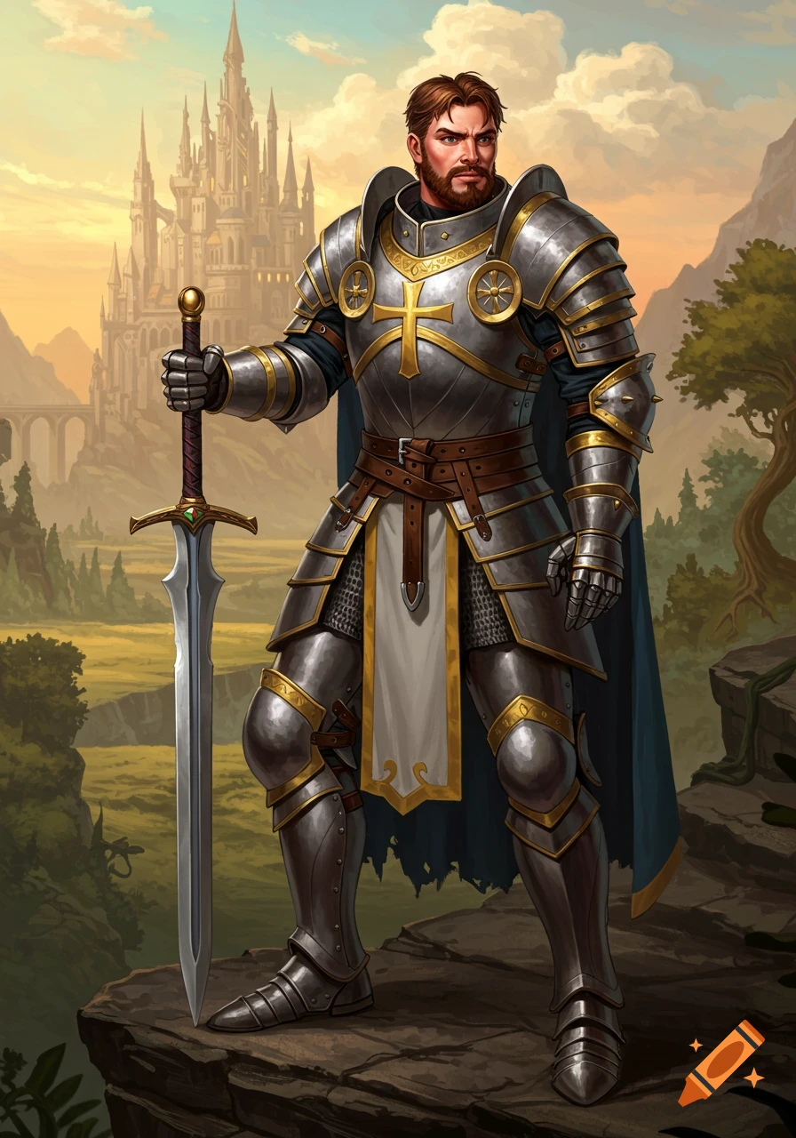 A knight in shining armor stands with a sword before a fantasy castle landscape.