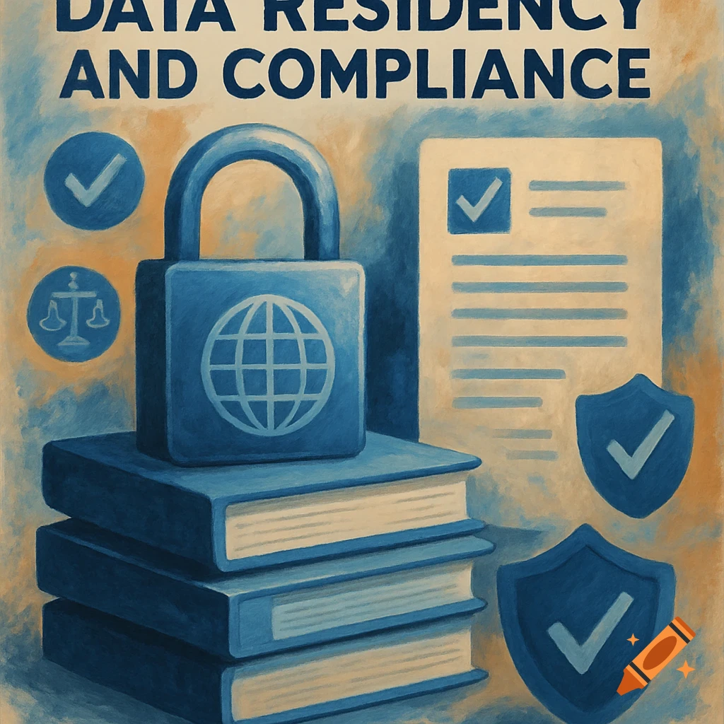 A stylized painting depicting a lock, books, a document with a checkmark, and shields, related to data residency and compliance.