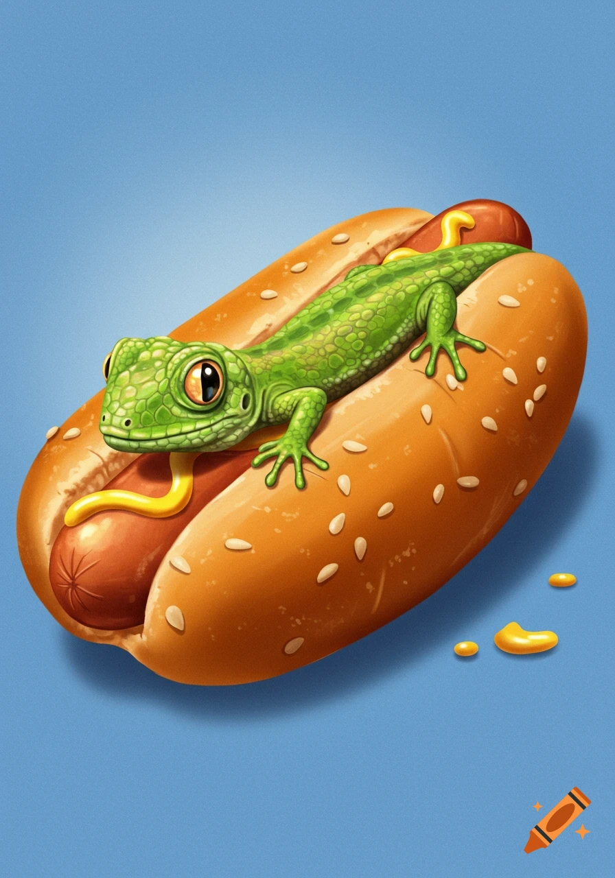 Green lizard in a hot dog bun with mustard on blue background, illustration style.