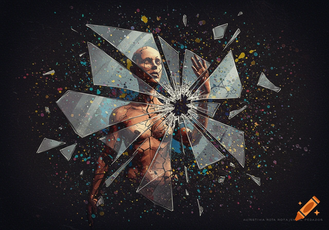 Surreal cracked human figure viewed through a starburst of broken glass, with paint splatters on a dark background.