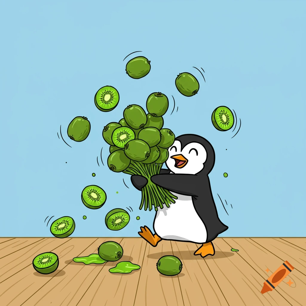 Cartoon penguin struggling to hold a large bunch of kiwi fruit, dropping several onto a wooden floor.