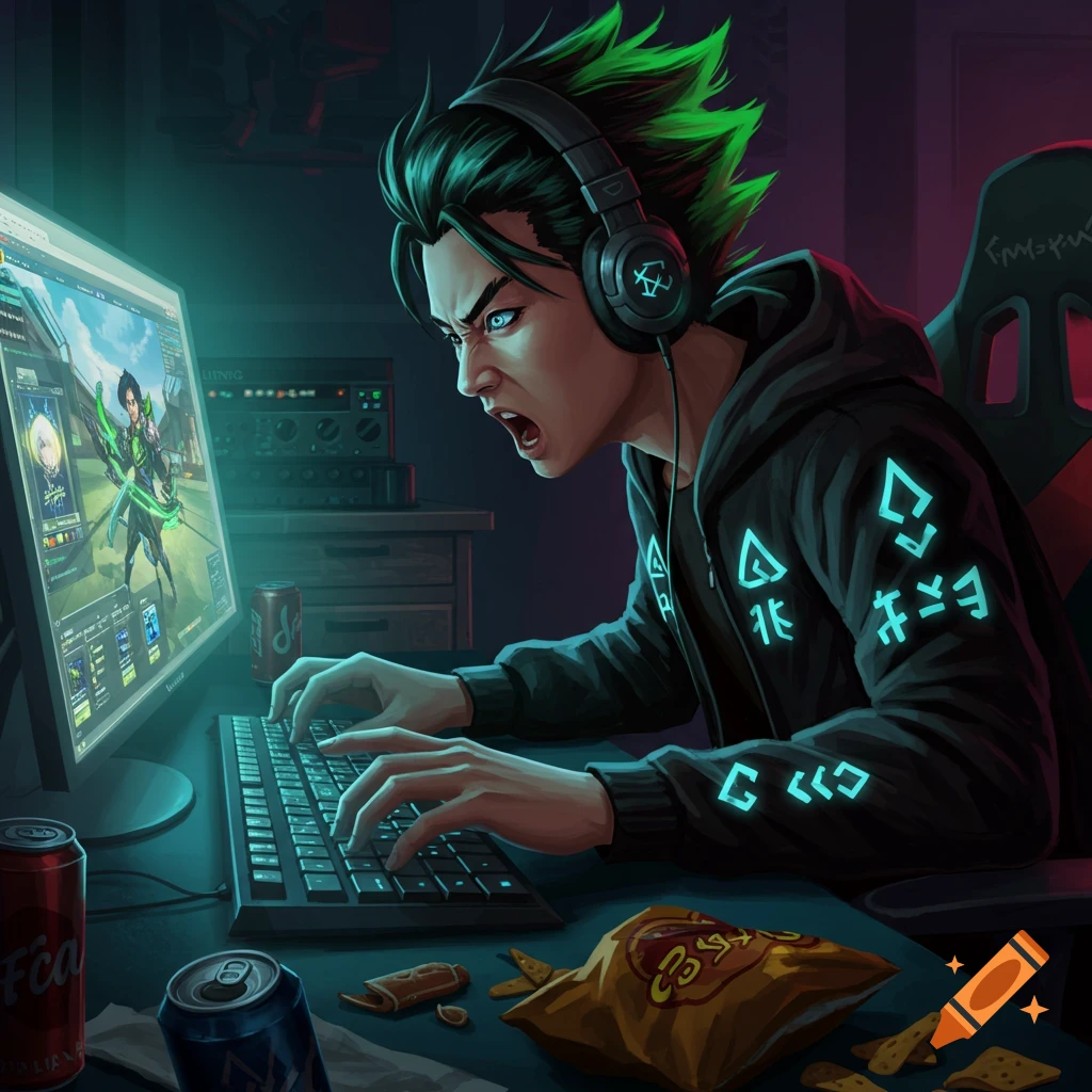Illustration of an intense young gamer with green hair wearing headphones, playing on a computer with snacks and drinks nearby.