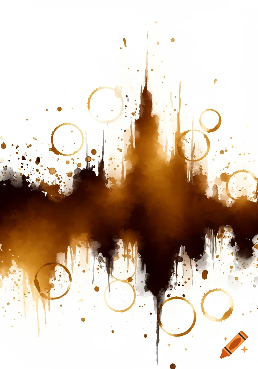 Abstract painting of brown and black coffee stains, splatters, and rings on a white background.