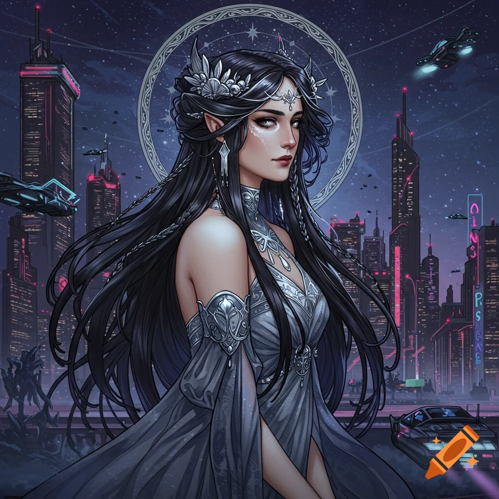 Fantasy woman in silver dress in front of futuristic city skyline at night.
