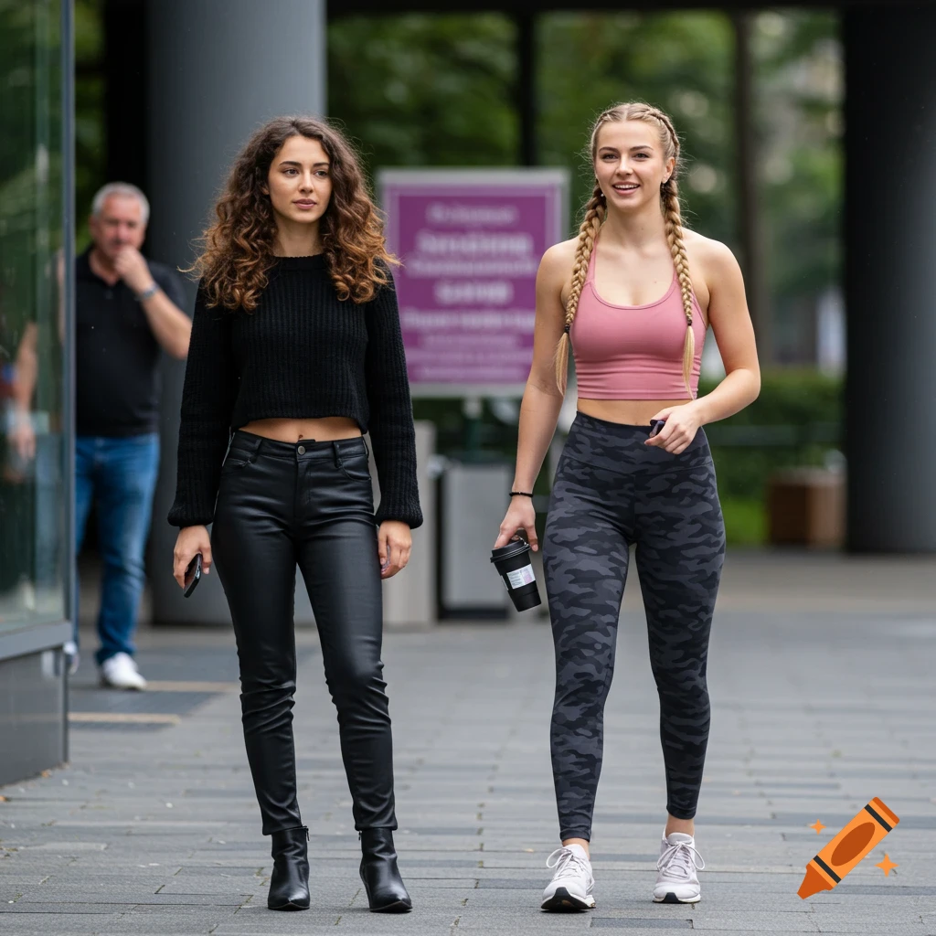 Two women walk down a street, one in black leather pants, the other in camo leggings and a pink crop top.