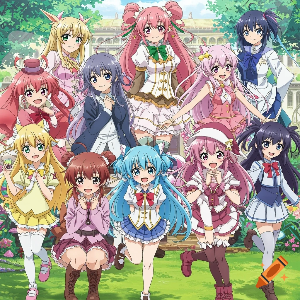 Group of anime girls posing outdoors in a garden with a large building behind them