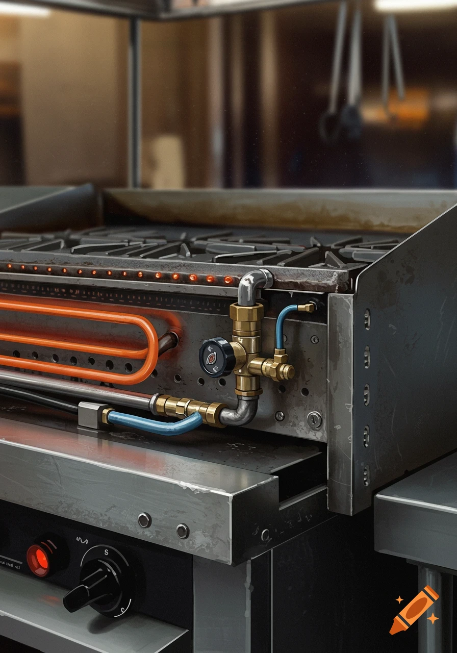 Close-up view of the backside of a commercial griddle, showing metal pipes, brass fittings, knobs, and orange heating elements.