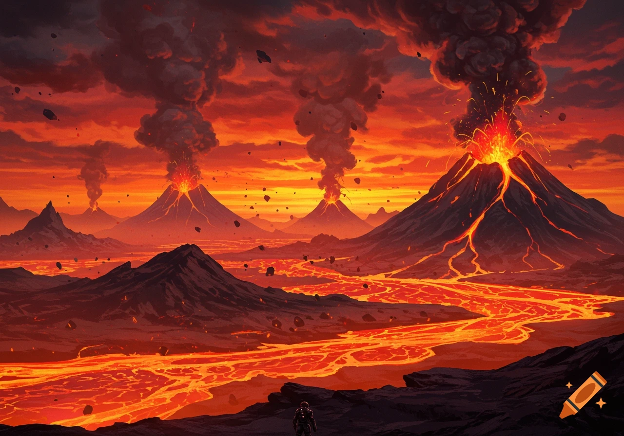 Erupting volcanoes, lava rivers, and falling rocks under a fiery sky with a small figure.