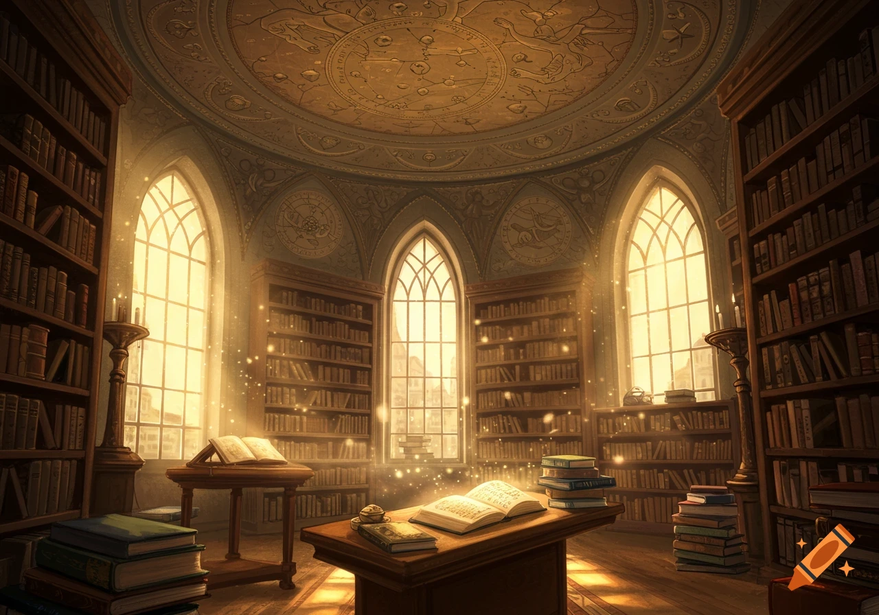 A grand library filled with tall bookshelves, arched windows letting in sunlight, and open books on tables with magical sparks.