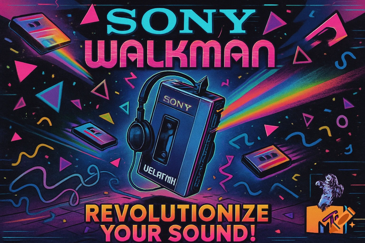 Retro 80s style Sony Walkman advertisement poster with neon colors and text.