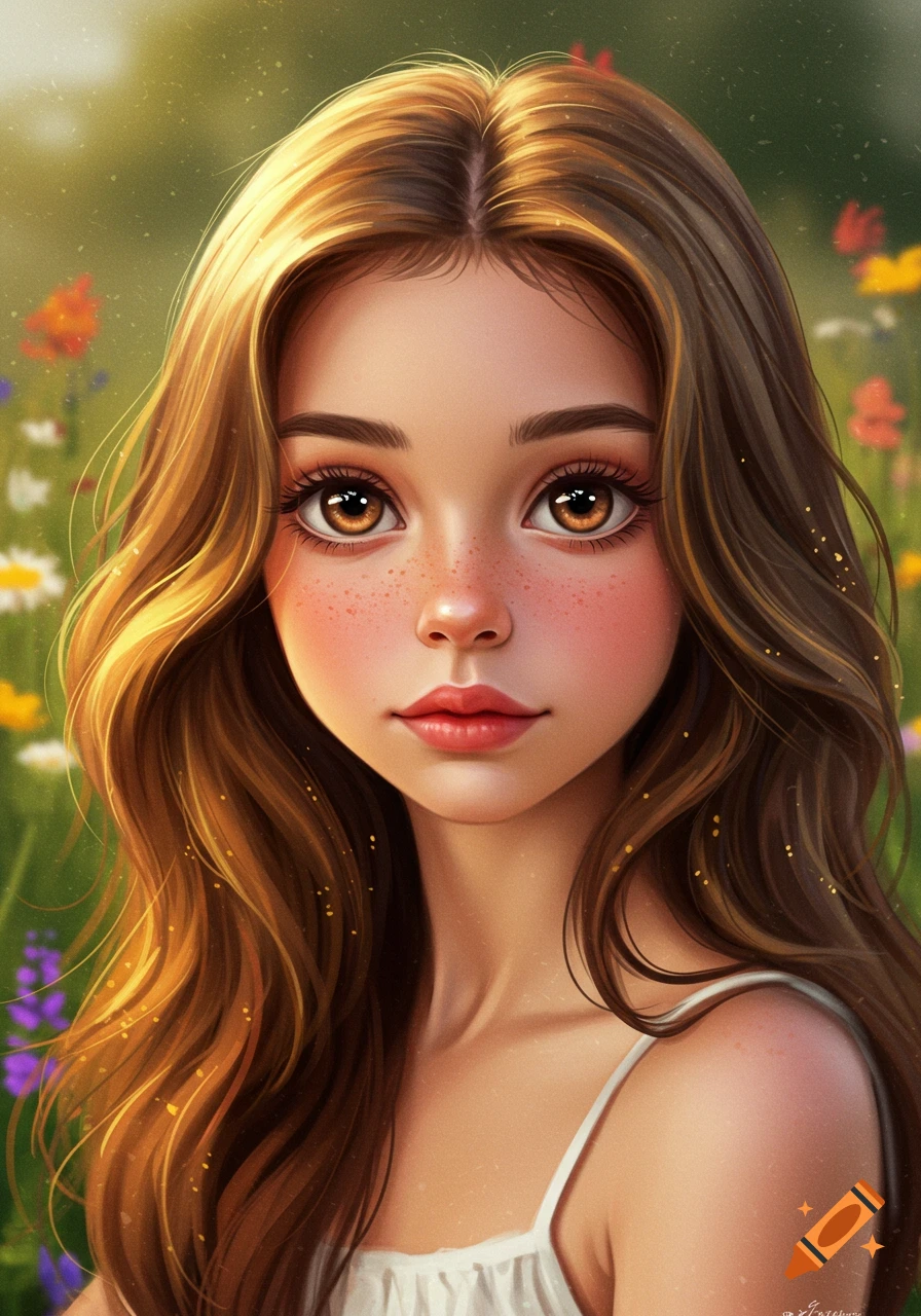 Stylized portrait of a young girl with brown hair and freckles in a ...