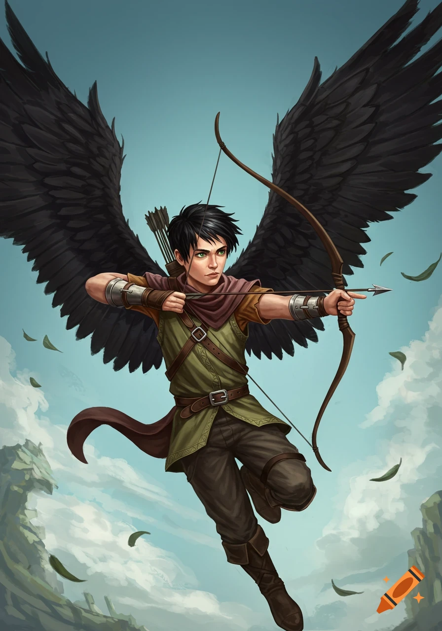 A young man with large black wings flies while shooting a bow and arrow.