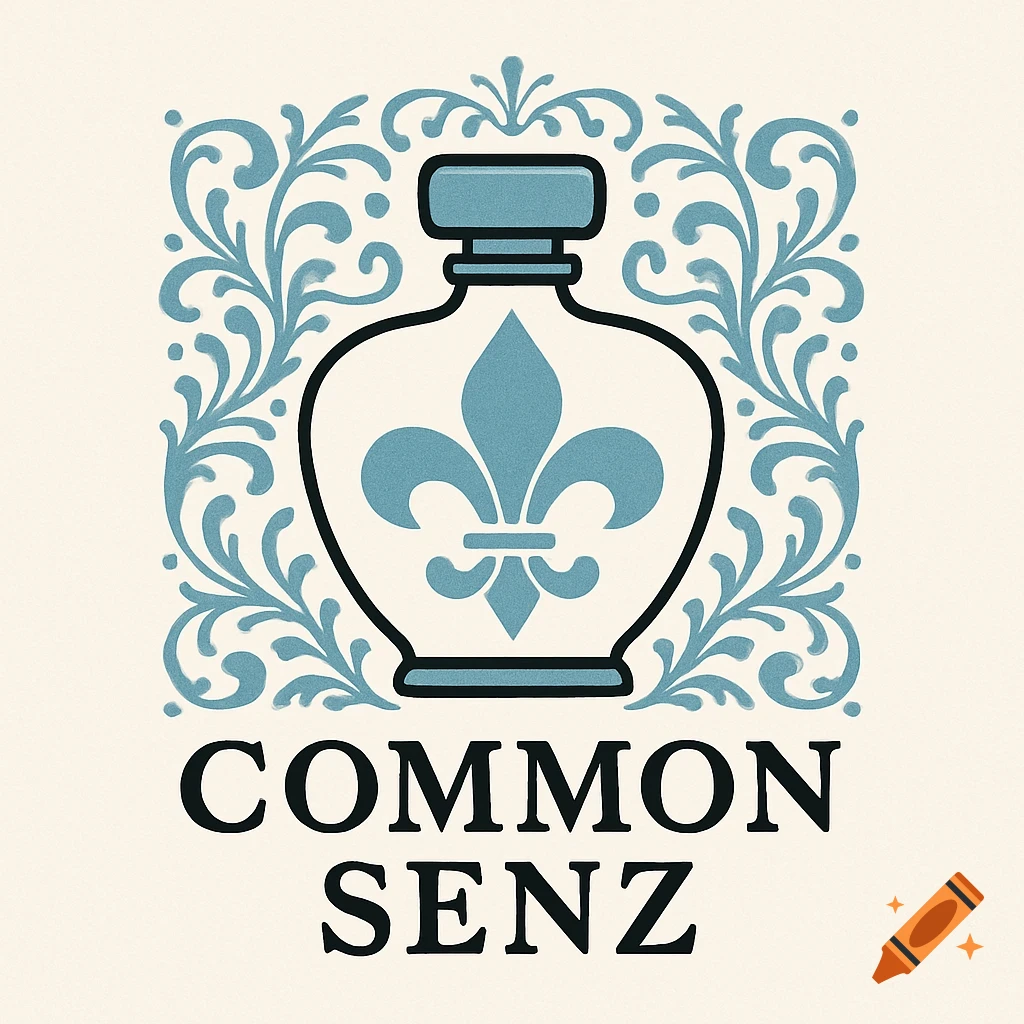 Logo with a perfume bottle silhouette, blue fleur de lis, and text 'COMMON SENZ'.