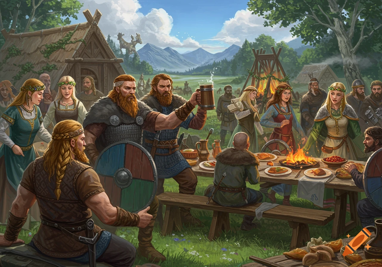 Illustration of Vikings celebrating midsummer outdoors with food and drinks