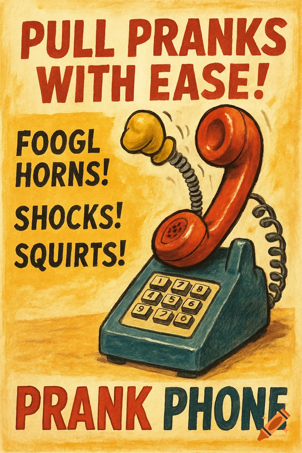 Vintage-style illustration of a prank phone poster with text and a boxing glove popping out of the earpiece.