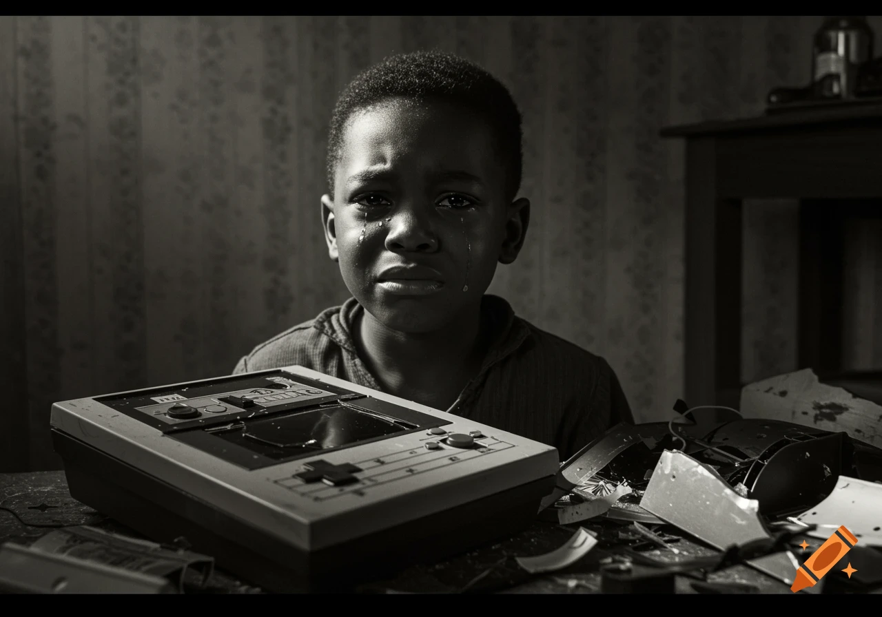 Black boy crying at a table with a broken video game console in a vintage black and white photo.