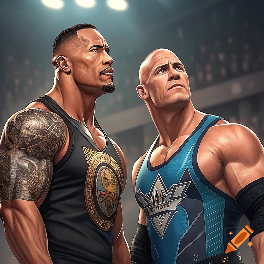 Dwayne Johnson and John Cena in wrestling attire stand in an arena looking up.