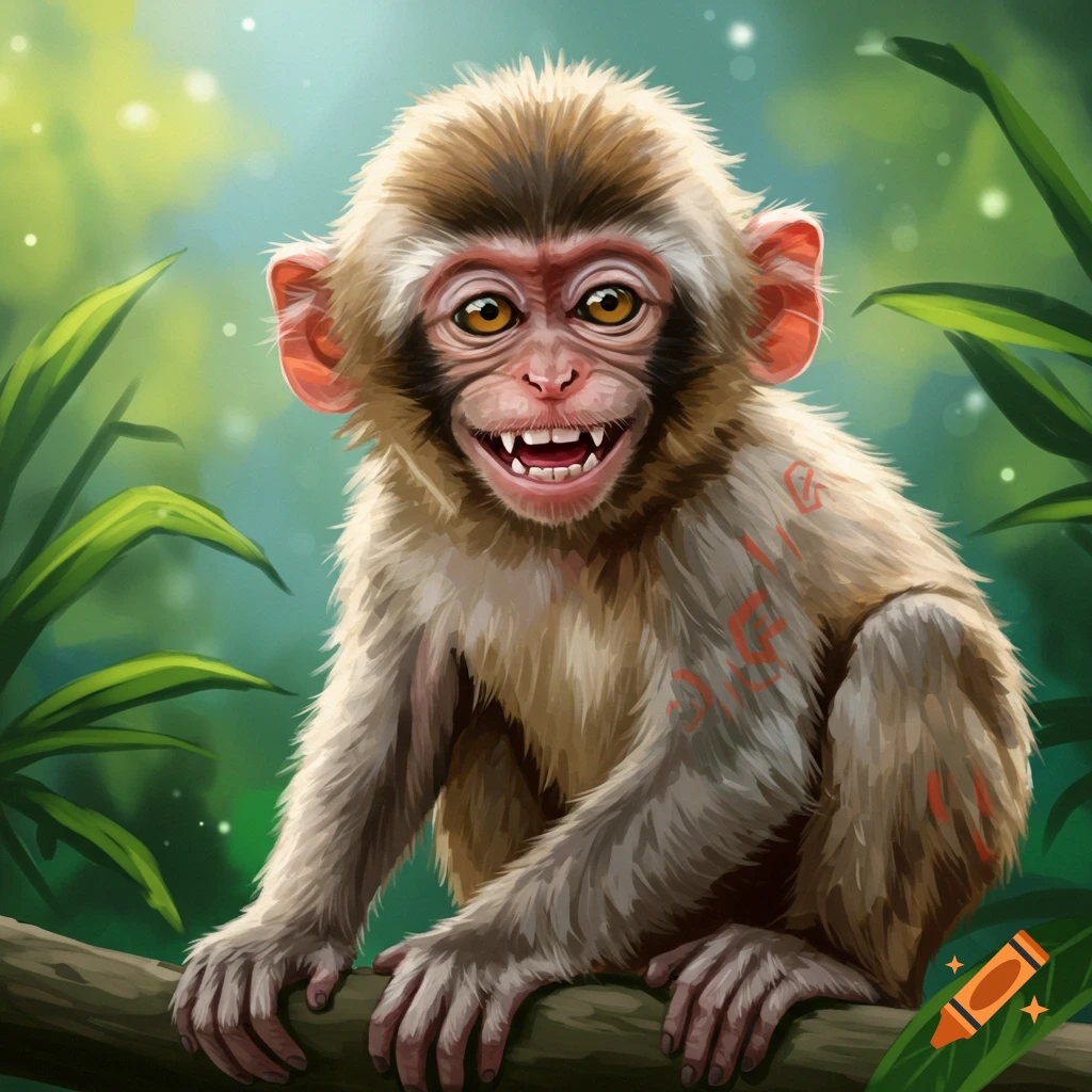 A stylized illustration of a smiling baby monkey sitting on a branch in a jungle.