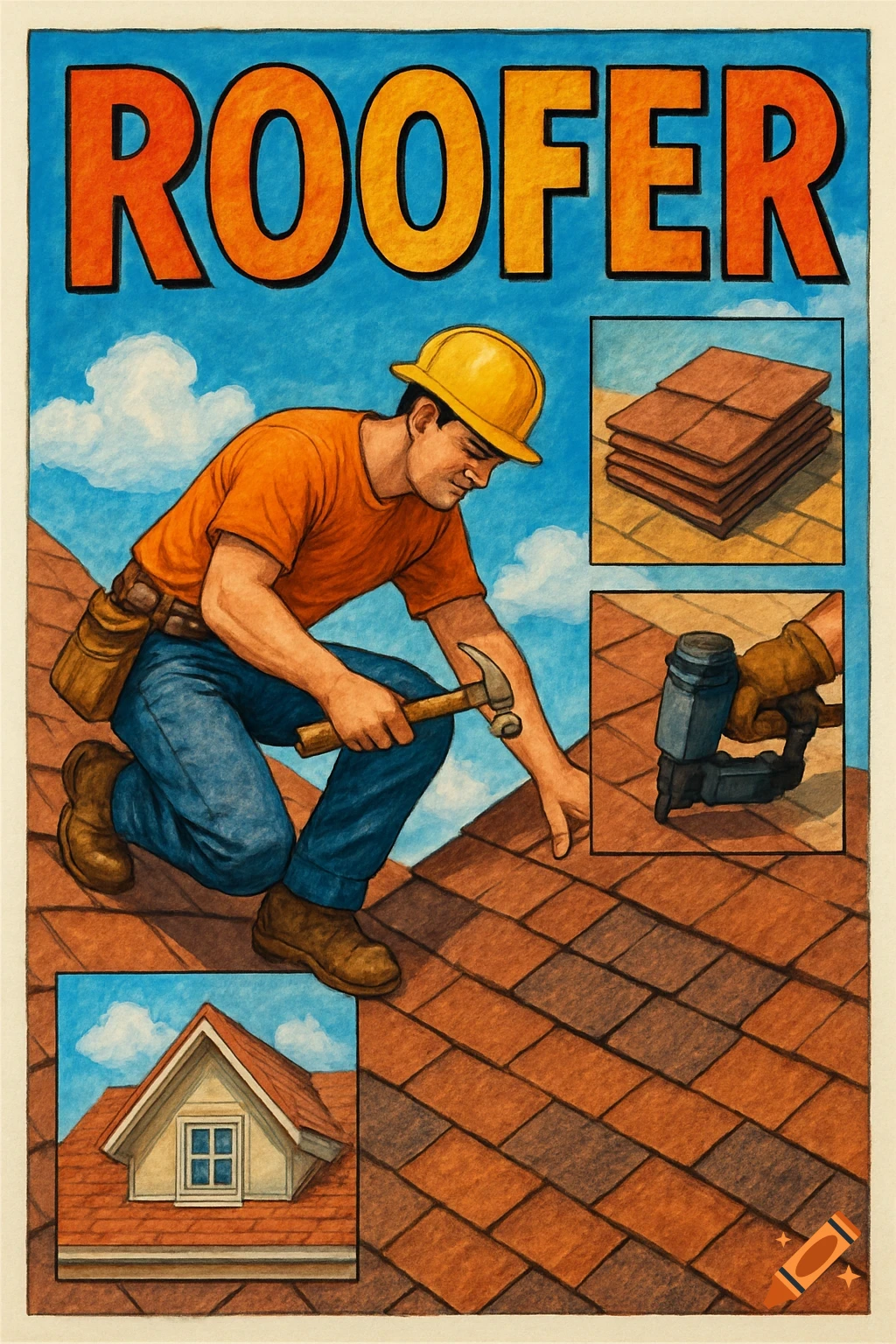 Poster promoting the roofer job, showing a man working on a roof with hammer and nails, text 'ROOFER', and inset images of roof tiles, a nail gun, and a dormer window.