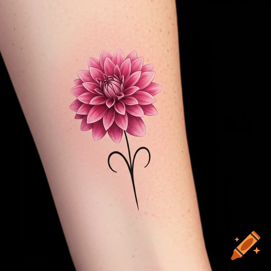 A pink dahlia flower tattoo with an Aries symbol stem on an arm.