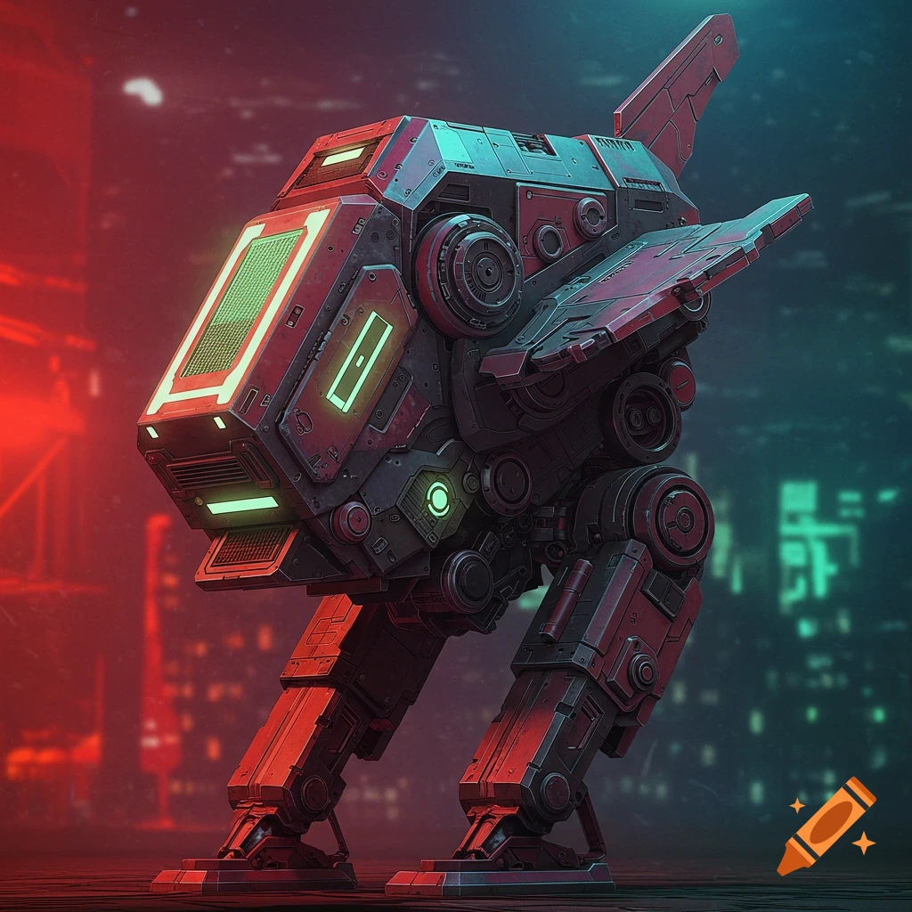 A blocky, heavily armored futuristic robot or mech stands in a dark cyber city environment lit by red and cyan light.