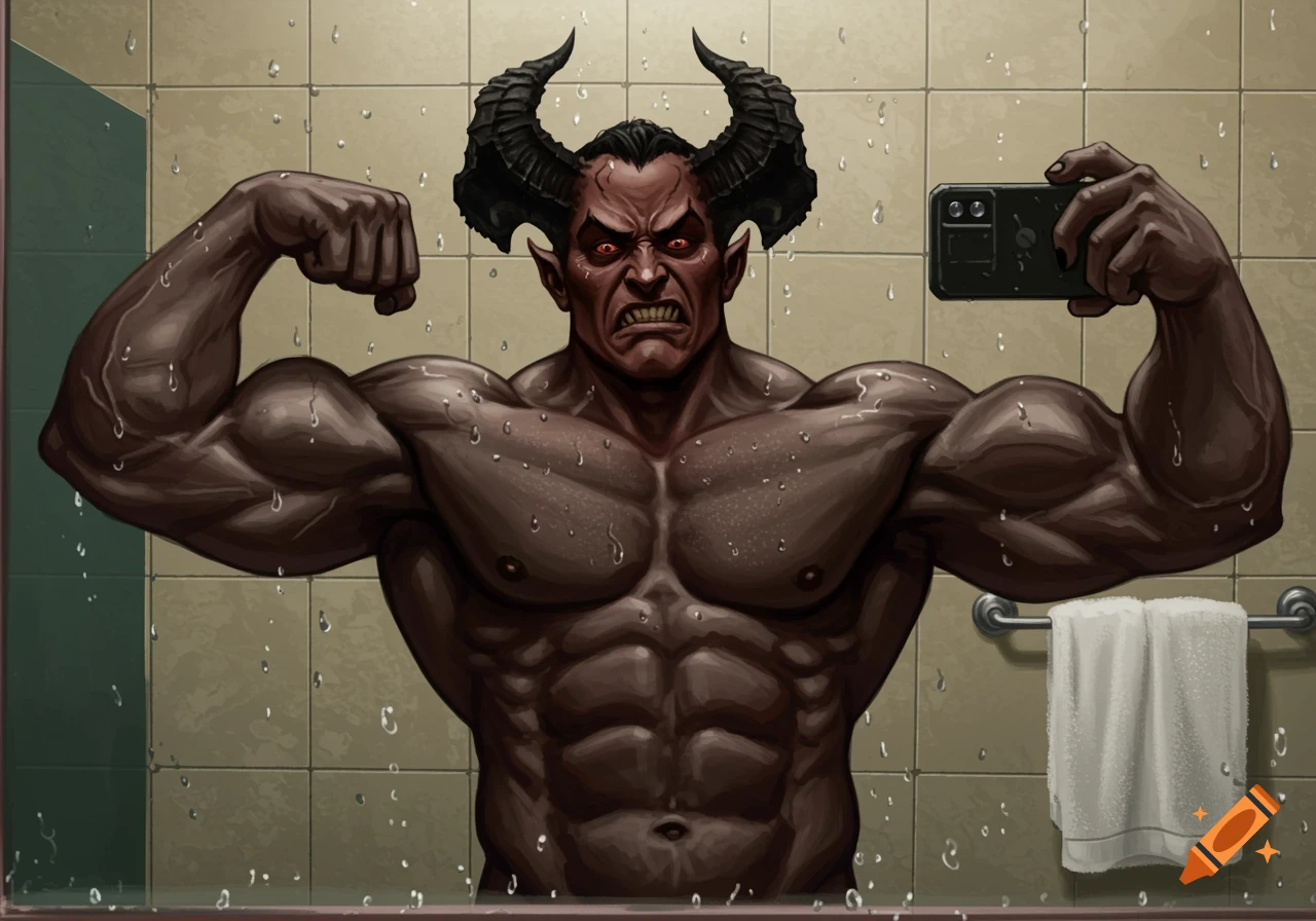 Muscular fantasy demon taking a selfie in a bathroom mirror
