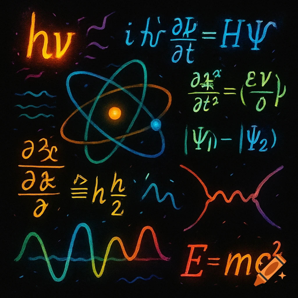 Colorful physics equations and an atom illustration glow against a black background.