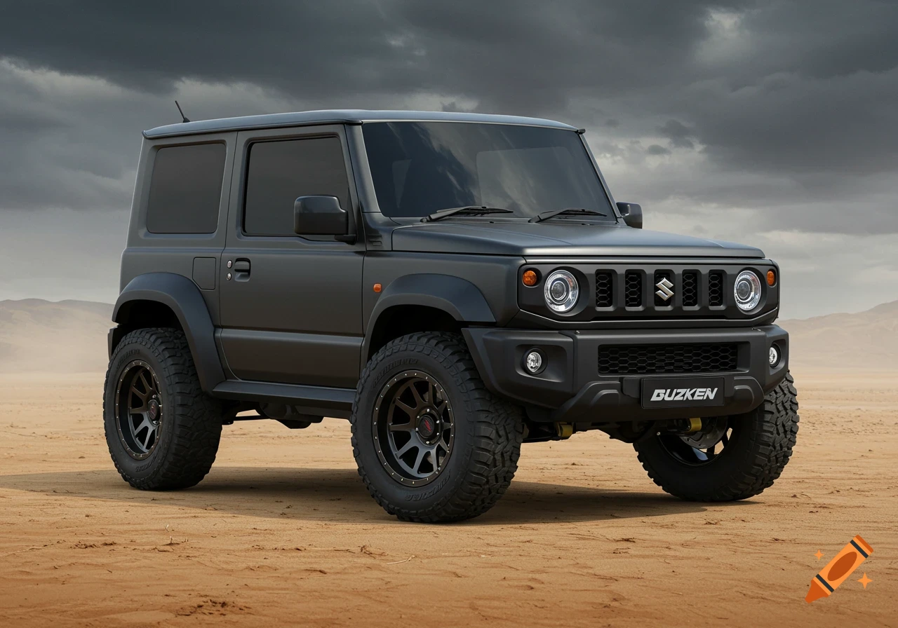 Dark grey Suzuki Jimny off-road vehicle in a desert.