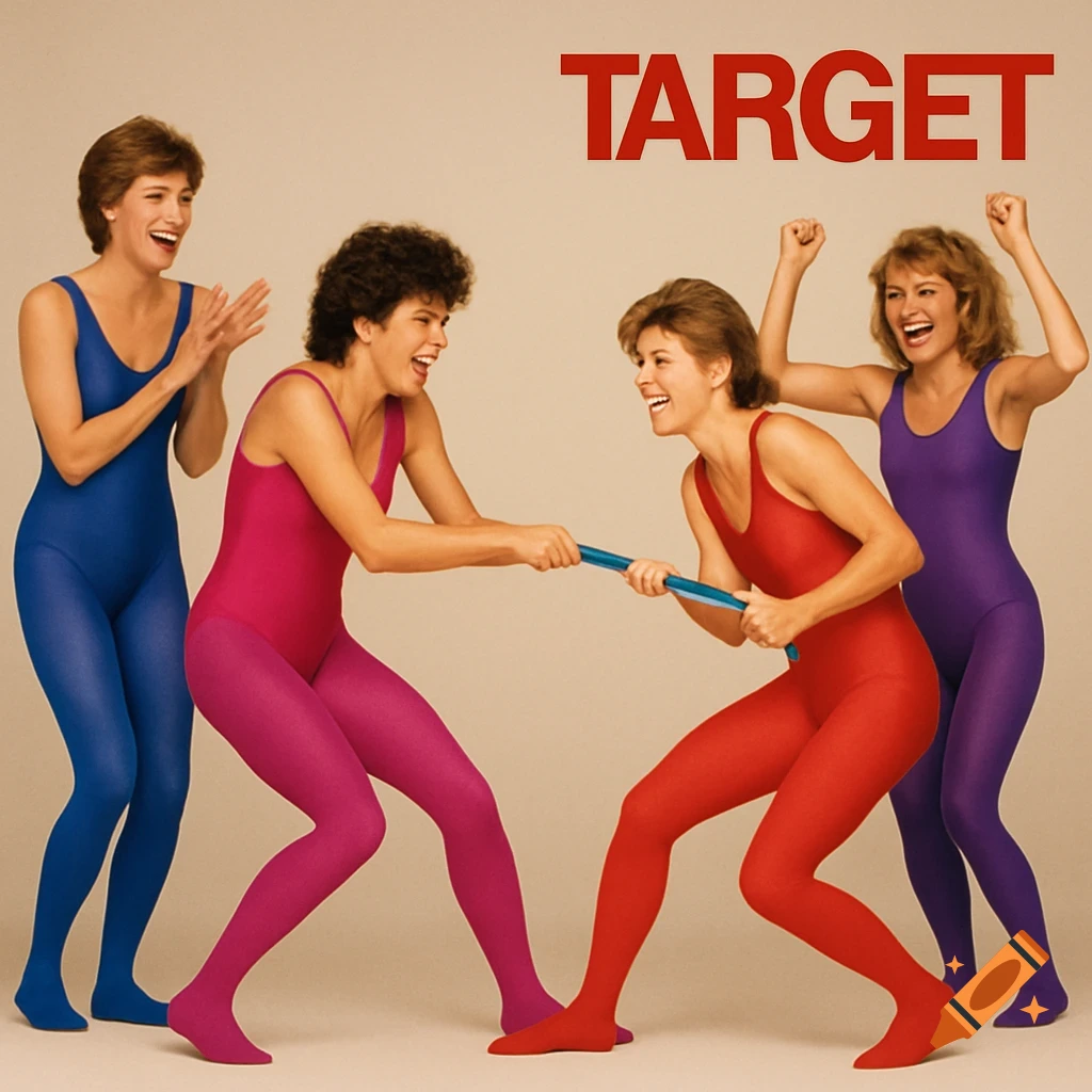Four women in colorful 1980s leotards and tights play tug-of-war and cheer under the word TARGET.