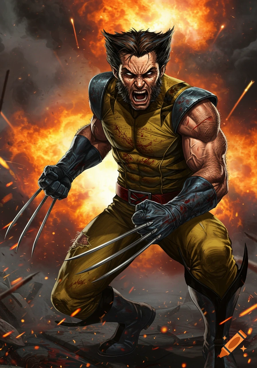 Wolverine attacks in a fiery battle scene, comic book illustration style.